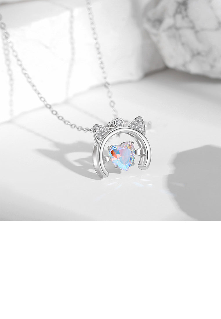 925 Sterling Silver Simple and Cute Cat Heart Pendant with Cubic Zirconia and Necklace - Luxurious Look