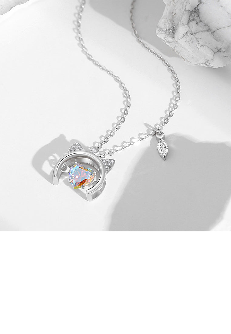 925 Sterling Silver Simple and Cute Cat Heart Pendant with Cubic Zirconia and Necklace - Luxurious Look