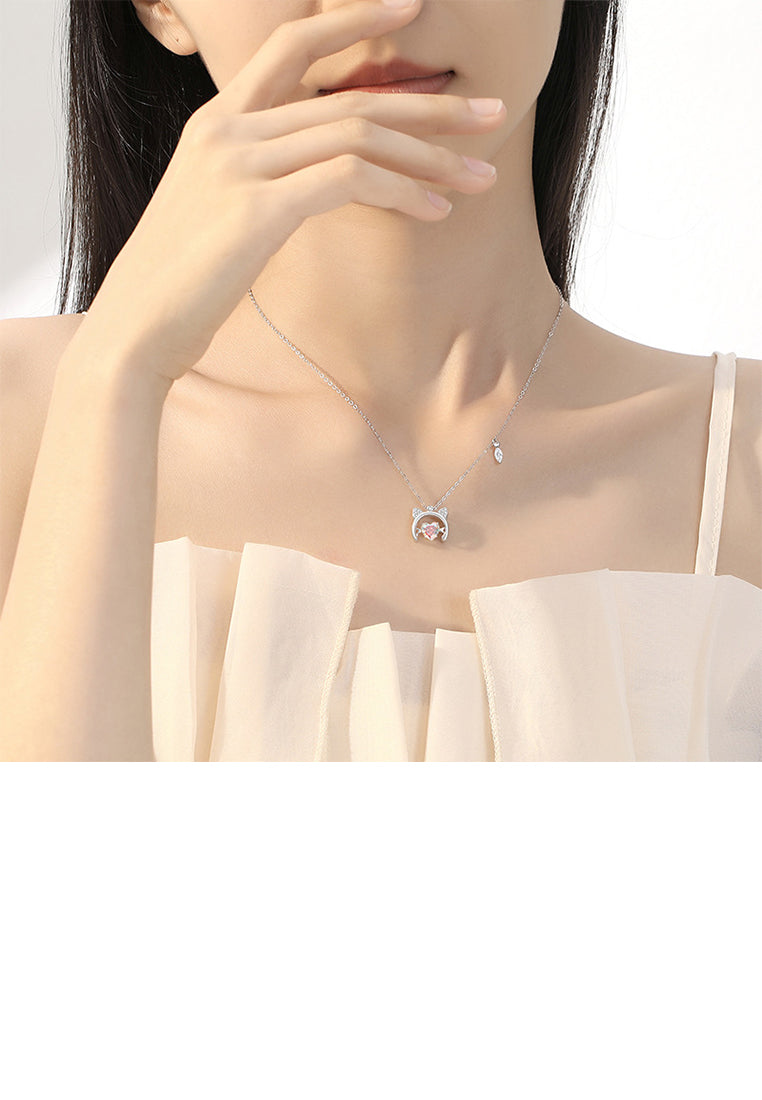925 Sterling Silver Simple and Cute Cat Heart Pendant with Cubic Zirconia and Necklace - Luxurious Look