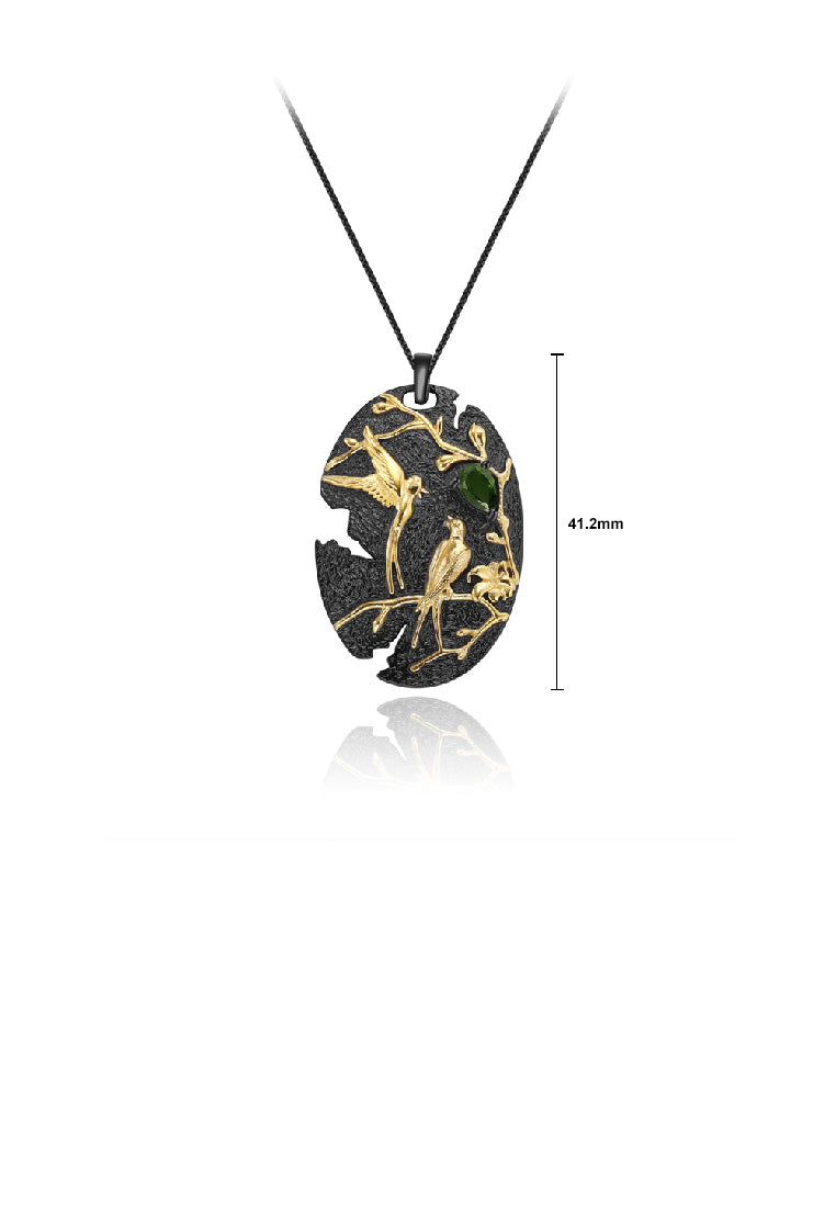 925 Sterling Silver Plated Black Fashion Chinese Style Golden Magpie Geometric Pendant with Peridot and Necklace