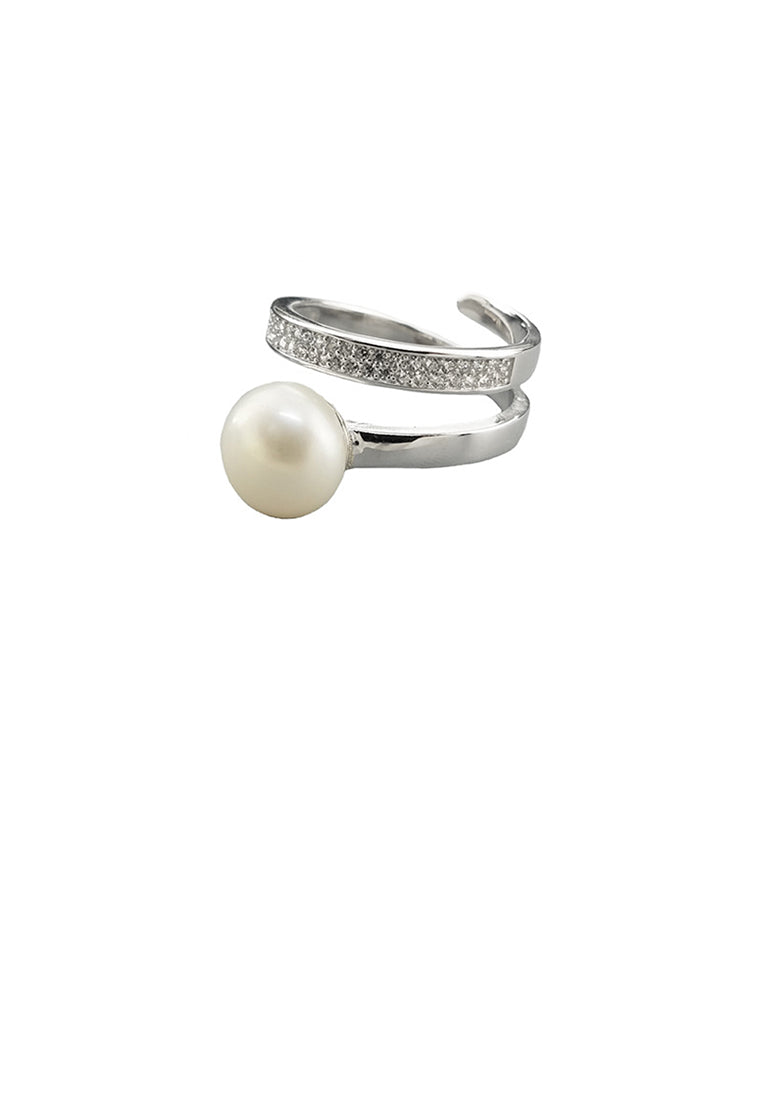 925 Sterling Silver Fashion Simple Rotating Geometric Freshwater Pearl Adjustable Ring with Cubic Zirconia - Luxurious Look