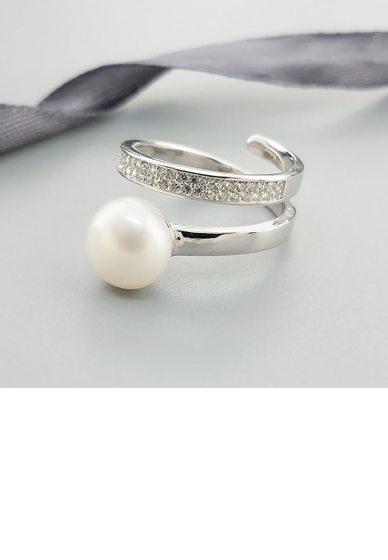 925 Sterling Silver Fashion Simple Rotating Geometric Freshwater Pearl Adjustable Ring with Cubic Zirconia - Luxurious Look