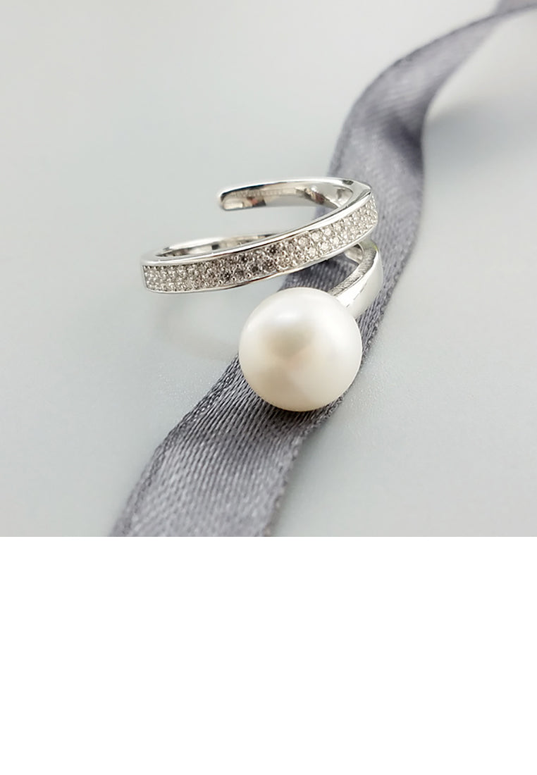 925 Sterling Silver Fashion Simple Rotating Geometric Freshwater Pearl Adjustable Ring with Cubic Zirconia - Luxurious Look