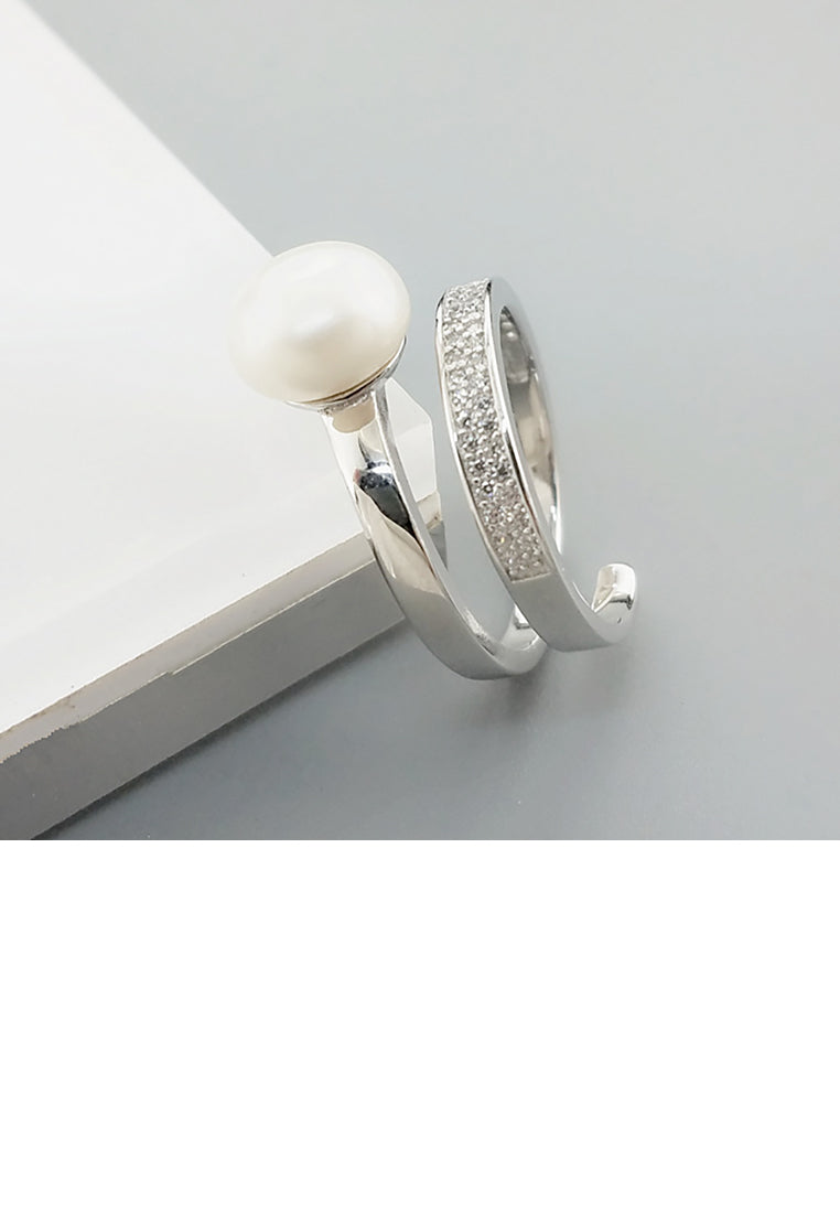 925 Sterling Silver Fashion Simple Rotating Geometric Freshwater Pearl Adjustable Ring with Cubic Zirconia - Luxurious Look