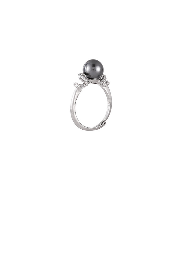 925 Sterling Silver Fashion and Elegant Geometric Black Freshwater Pearl Adjustable Ring with Cubic Zirconia - Luxurious Look