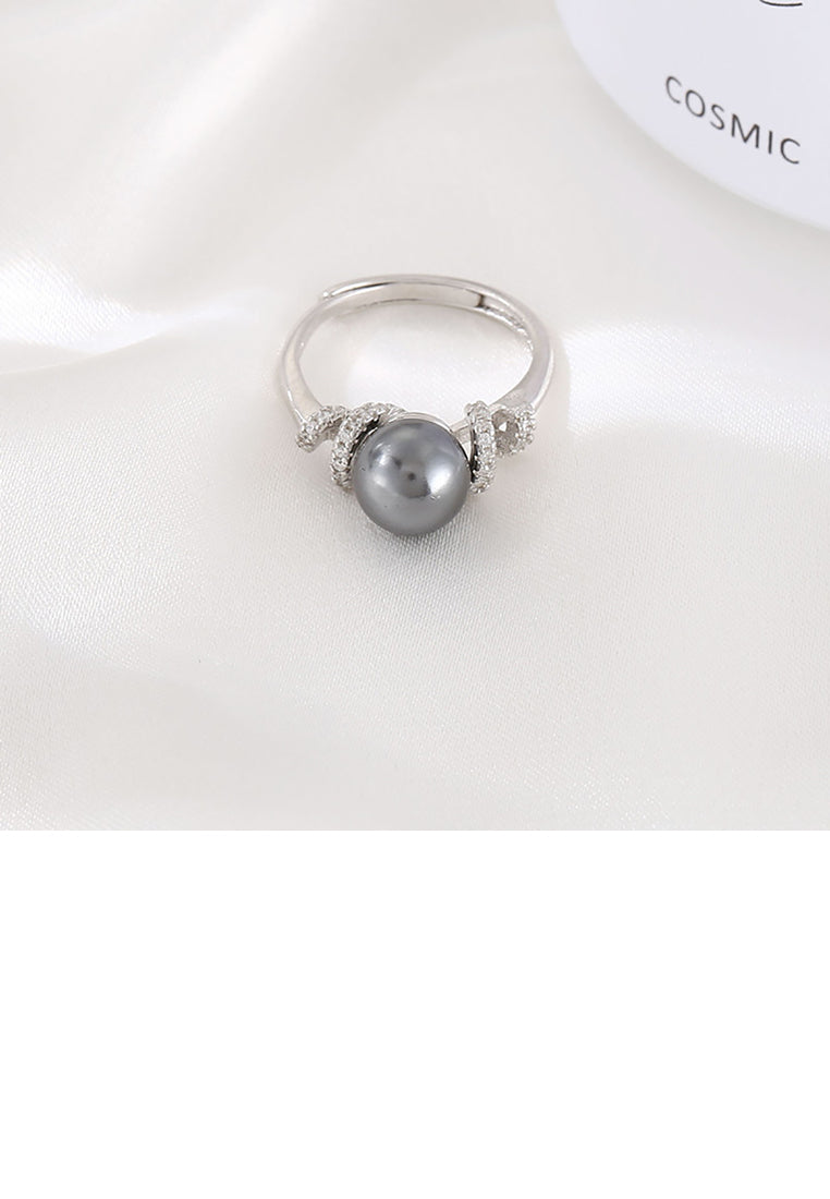 925 Sterling Silver Fashion and Elegant Geometric Black Freshwater Pearl Adjustable Ring with Cubic Zirconia - Luxurious Look