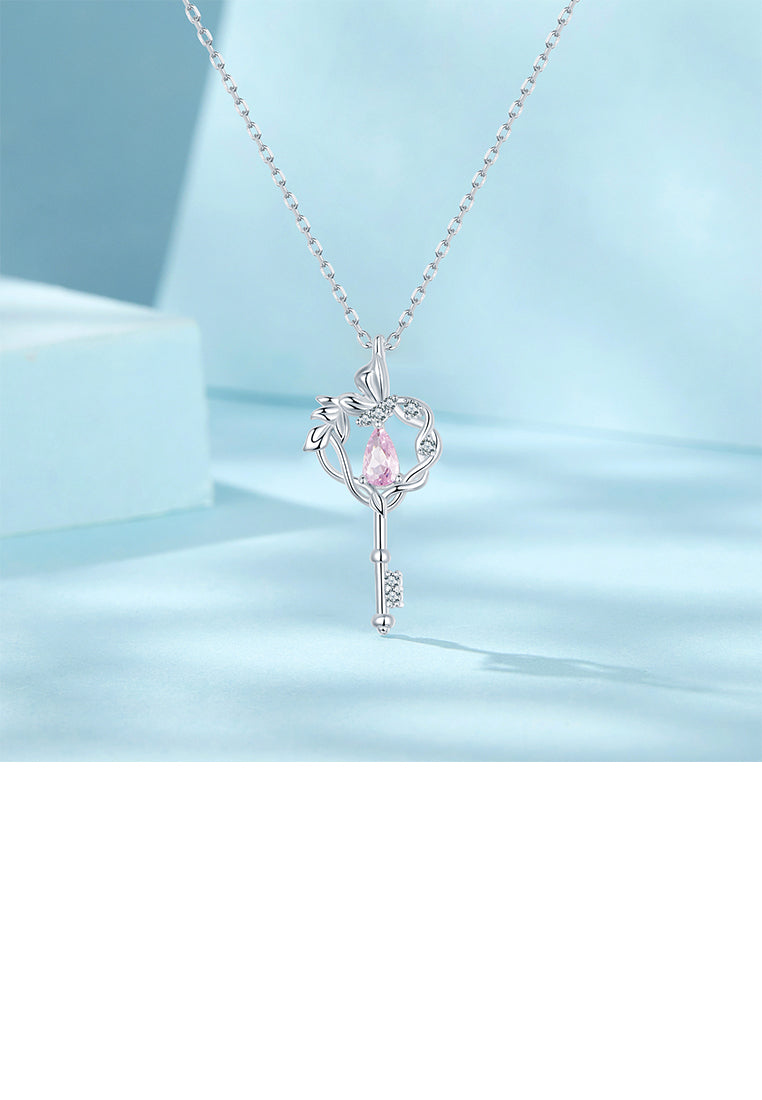 925 Sterling Silver Fashion Creative Butterfly Heart Key Pendant with Cubic Zirconia and Necklace - Luxurious Look