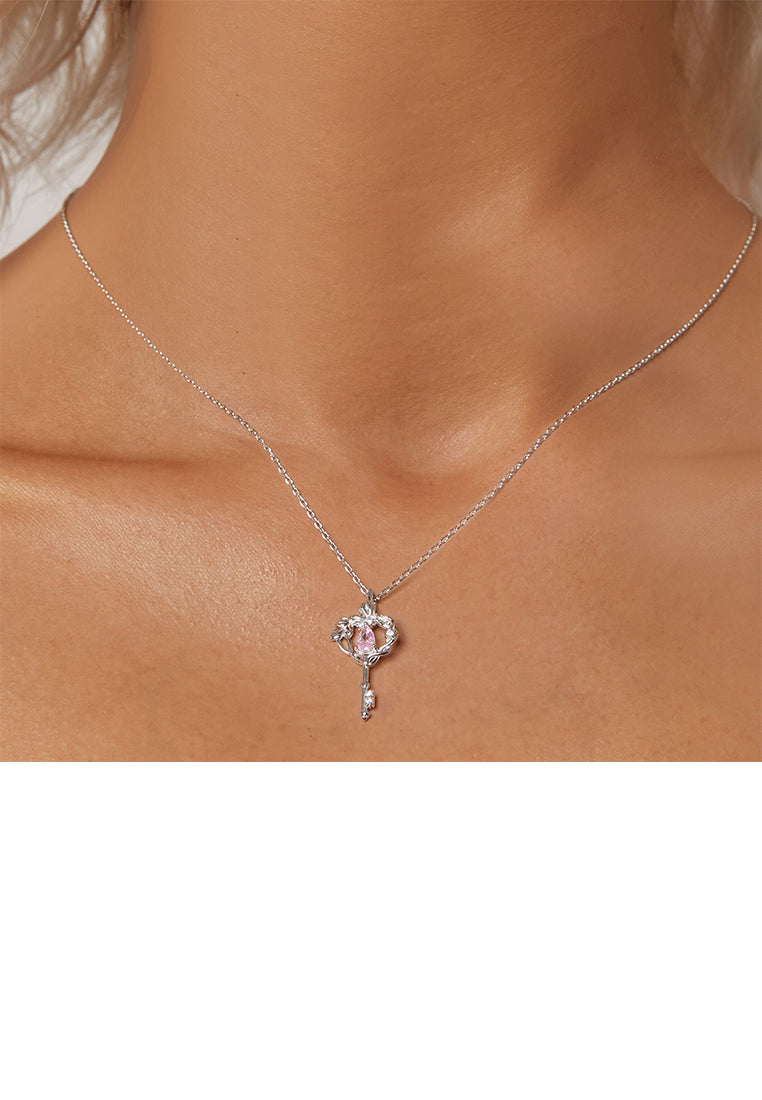 925 Sterling Silver Fashion Creative Butterfly Heart Key Pendant with Cubic Zirconia and Necklace - Luxurious Look