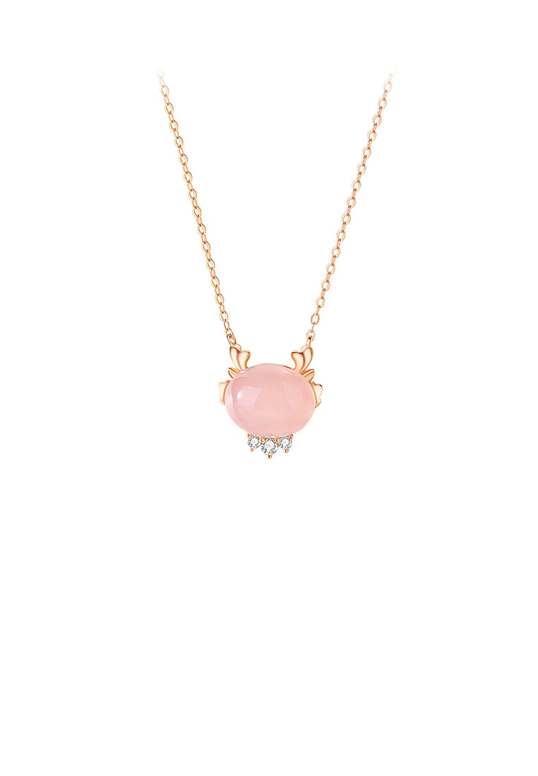 925 Sterling Silver Plated Rose Gold Simple Cute Cartoon Dragon Pendant with Cubic Zirconia and Necklace - Luxurious Look