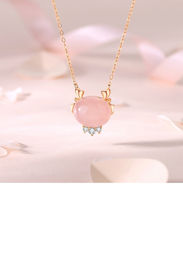 925 Sterling Silver Plated Rose Gold Simple Cute Cartoon Dragon Pendant with Cubic Zirconia and Necklace - Luxurious Look
