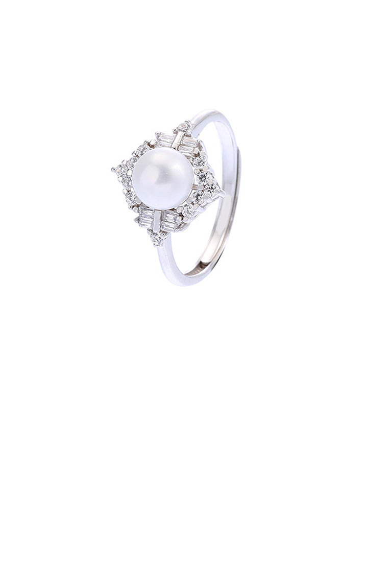 925 Sterling Silver Fashion and Elegant Geometric White Freshwater Pearl Adjustable Ring - Luxurious Look
