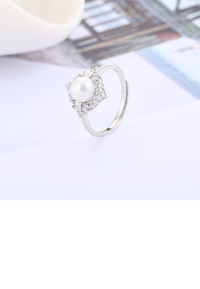 925 Sterling Silver Fashion and Elegant Geometric White Freshwater Pearl Adjustable Ring - Luxurious Look