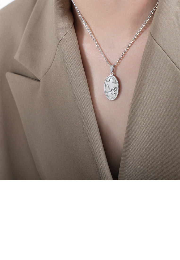 Fashion and Creative 316L Stainless Steel Beauty Pattern Geometric Oval Pendant with Cubic Zirconia and Necklace - Luxurious Look