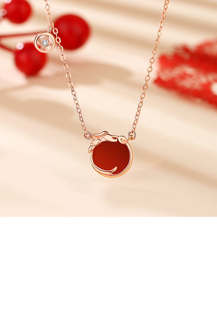925 Sterling Silver Plated Rose Gold Simple and Fashion Zodiac Dragon Geometric Imitation Agate Pendant with Necklace