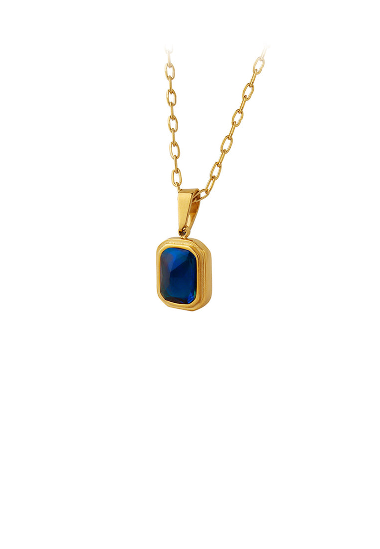 Simple and Fashion Plated Gold 316L Stainless Steel Geometric Square Pendant with Blue Cubic Zirconia and Necklace - Luxurious Look