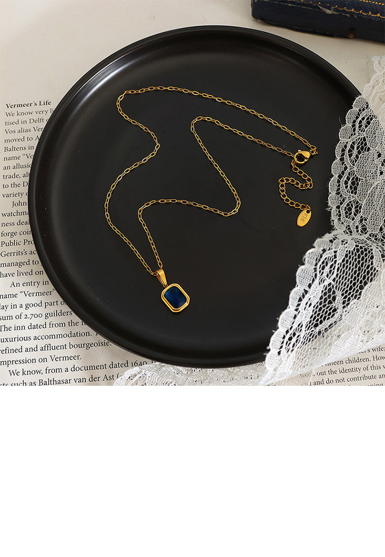 Simple and Fashion Plated Gold 316L Stainless Steel Geometric Square Pendant with Blue Cubic Zirconia and Necklace - Luxurious Look