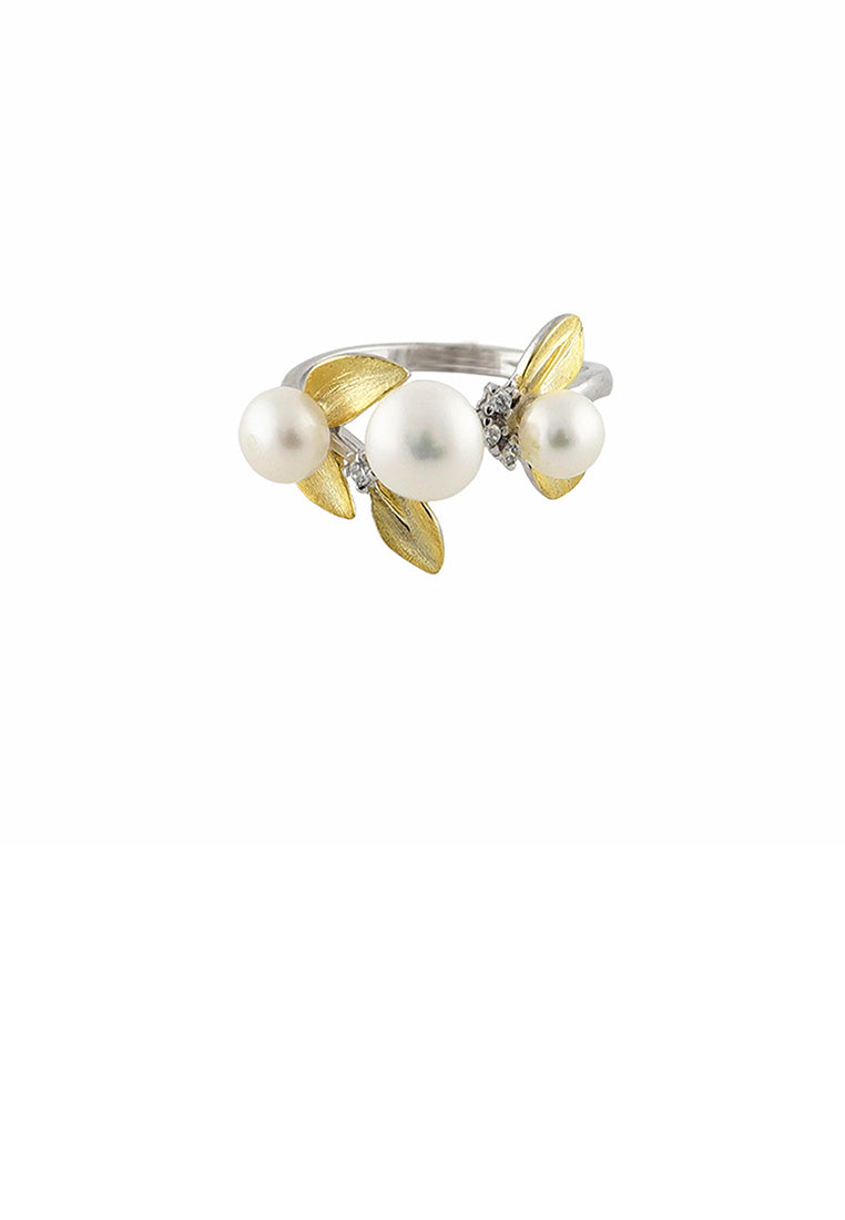 925 Sterling Silver Fashion Simple Golden Leaves Freshwater Pearl Adjustable Open Ring - Luxurious Look