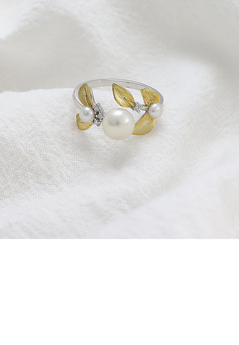 925 Sterling Silver Fashion Simple Golden Leaves Freshwater Pearl Adjustable Open Ring - Luxurious Look
