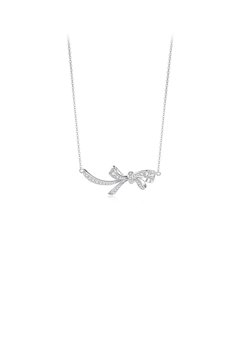 925 Sterling Silver Sweet and Cute Ribbon Pendant with White Cubic Zirconia and Necklace - Luxurious Look