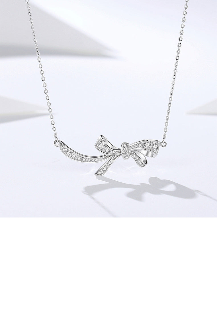925 Sterling Silver Sweet and Cute Ribbon Pendant with White Cubic Zirconia and Necklace - Luxurious Look