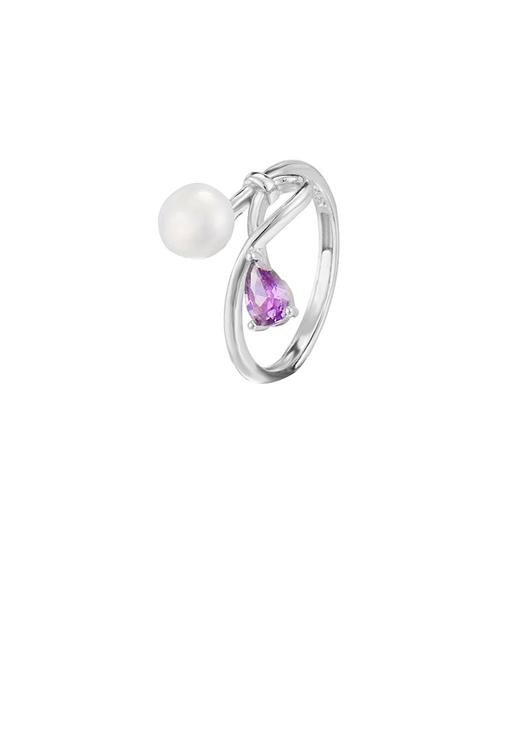 925 Sterling Silver Simple Fashion Ribbon Freshwater Pearl Adjustable Ring with Cubic Zirconia - Luxurious Look