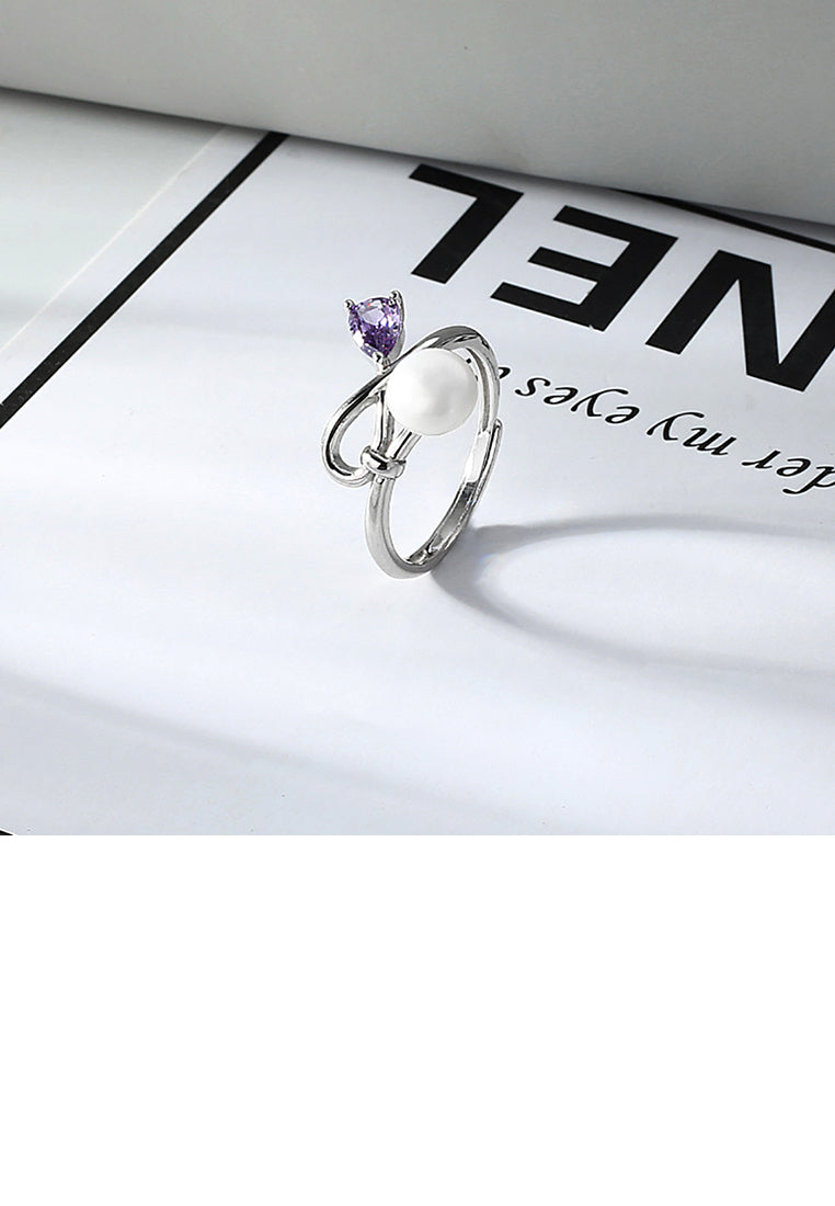 925 Sterling Silver Simple Fashion Ribbon Freshwater Pearl Adjustable Ring with Cubic Zirconia - Luxurious Look