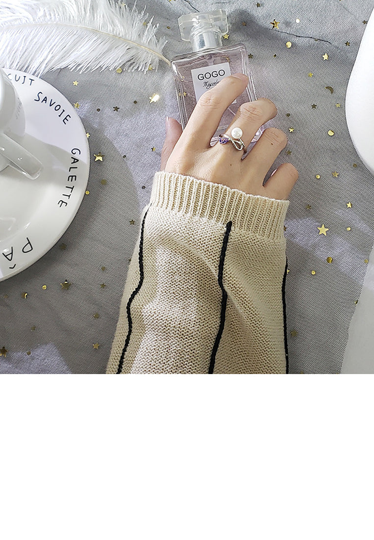 925 Sterling Silver Simple Fashion Ribbon Freshwater Pearl Adjustable Ring with Cubic Zirconia - Luxurious Look