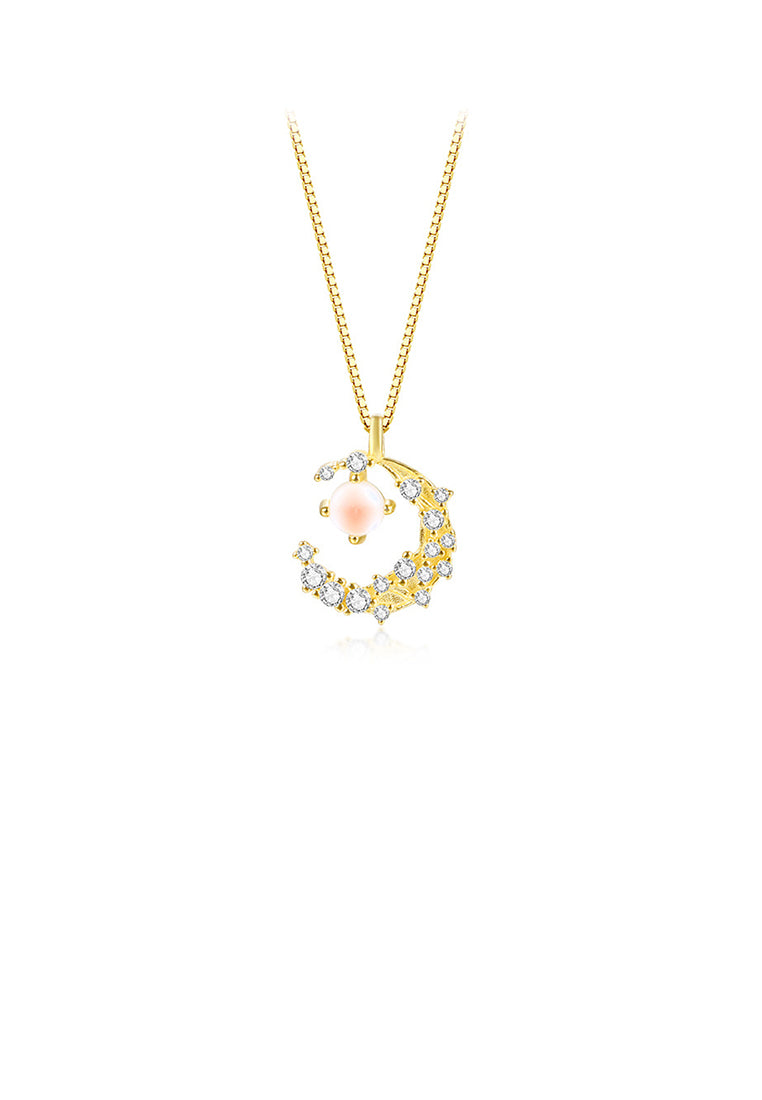 925 Sterling Silver Plated Gold Fashion Moon Pendant with Cubic Zirconia and Necklace - Luxurious Look