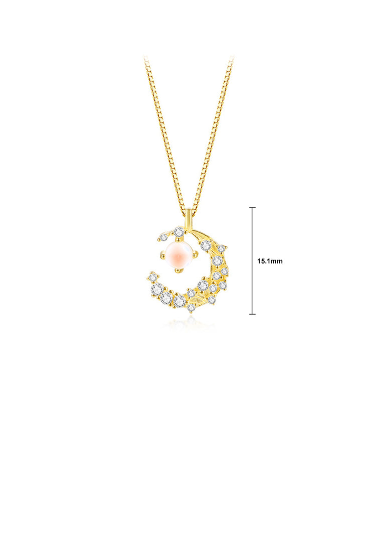 925 Sterling Silver Plated Gold Fashion Moon Pendant with Cubic Zirconia and Necklace - Luxurious Look