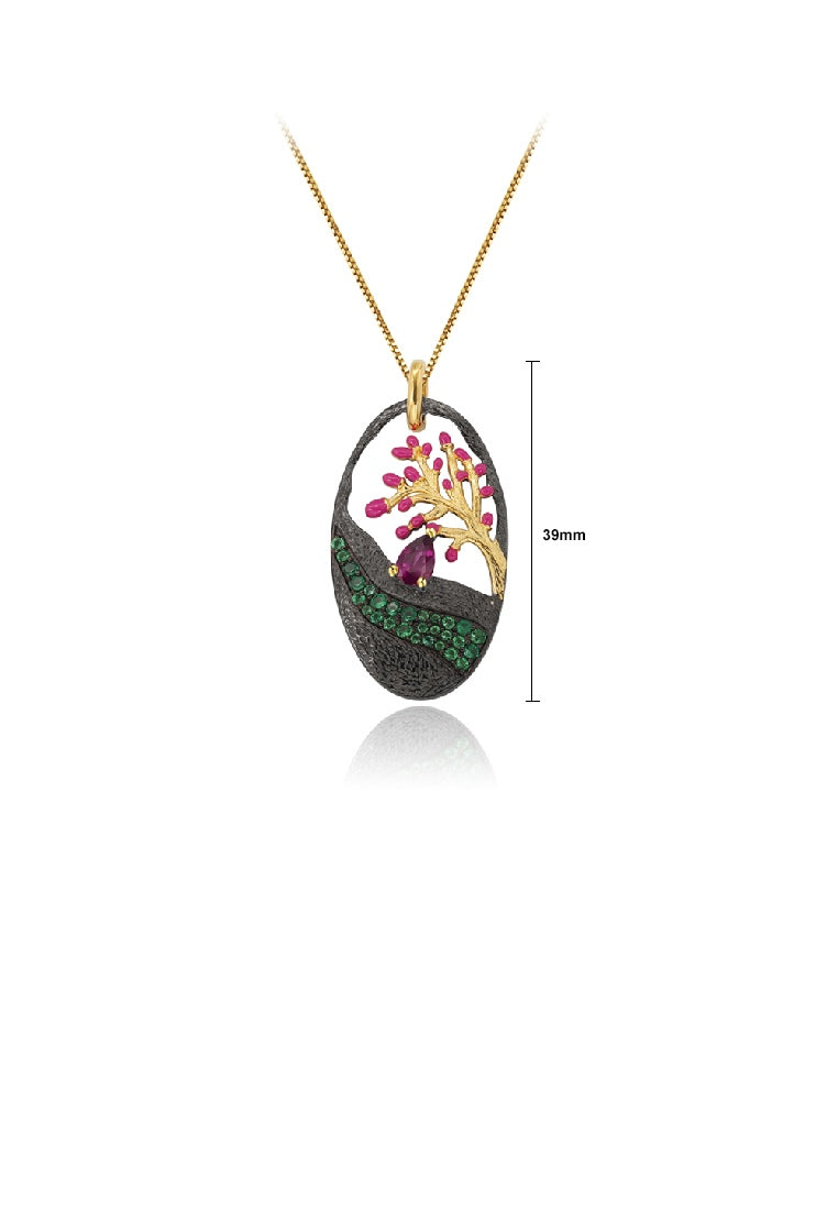 925 Sterling Silver Plated Black Fashion Elegant Enamel Tree Of Life Garnet Geometric Pendant with Cubic Zirconia and Necklace - Luxurious Look