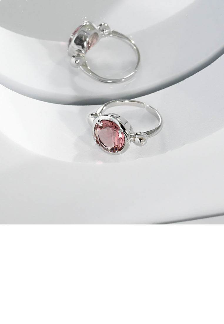 925 Sterling Silver Simple Fashion Geometric Round Pink Cubic Zirconia Adjustable Open Ring - Luxurious Look - Vibrant Color
