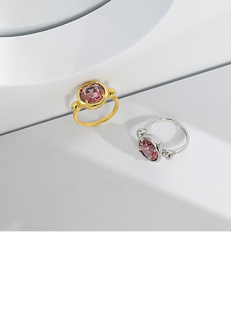 925 Sterling Silver Simple Fashion Geometric Round Pink Cubic Zirconia Adjustable Open Ring - Luxurious Look - Vibrant Color
