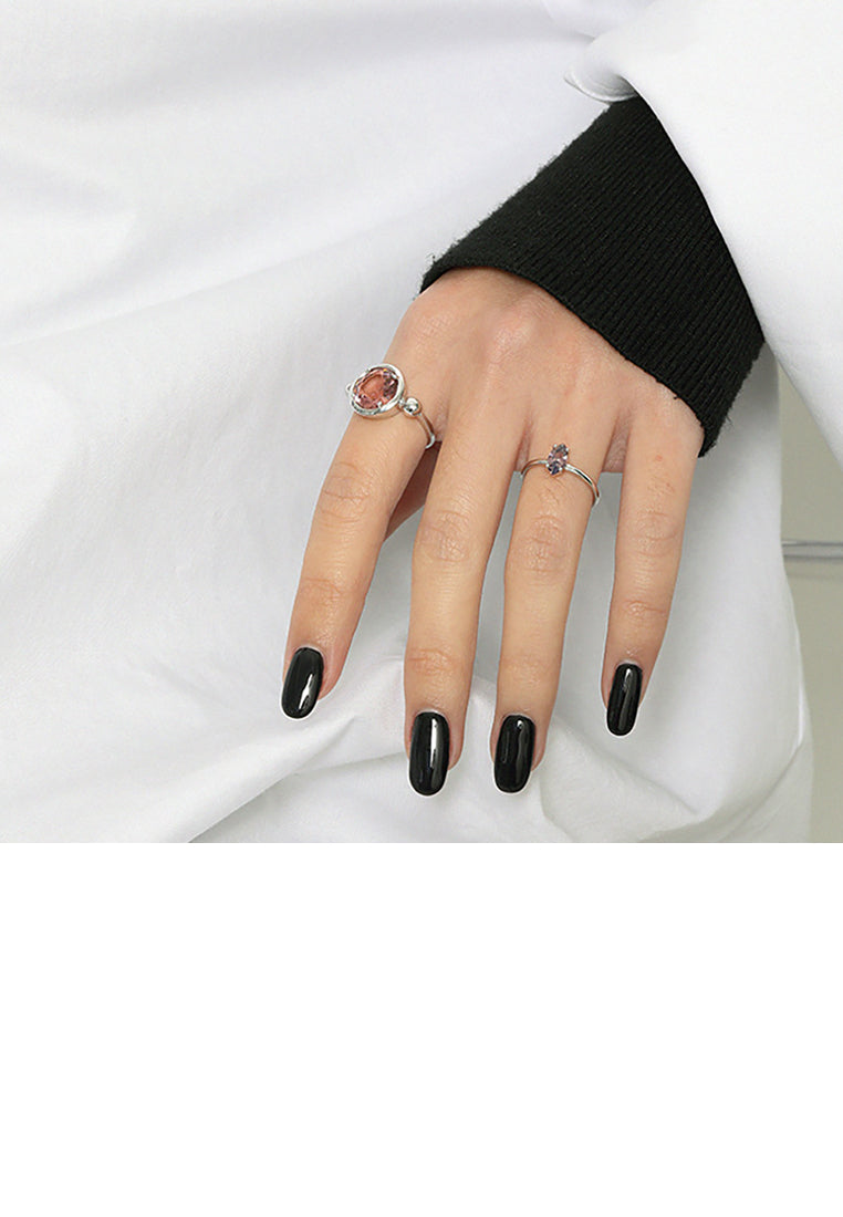 925 Sterling Silver Simple Fashion Geometric Round Pink Cubic Zirconia Adjustable Open Ring - Luxurious Look - Vibrant Color