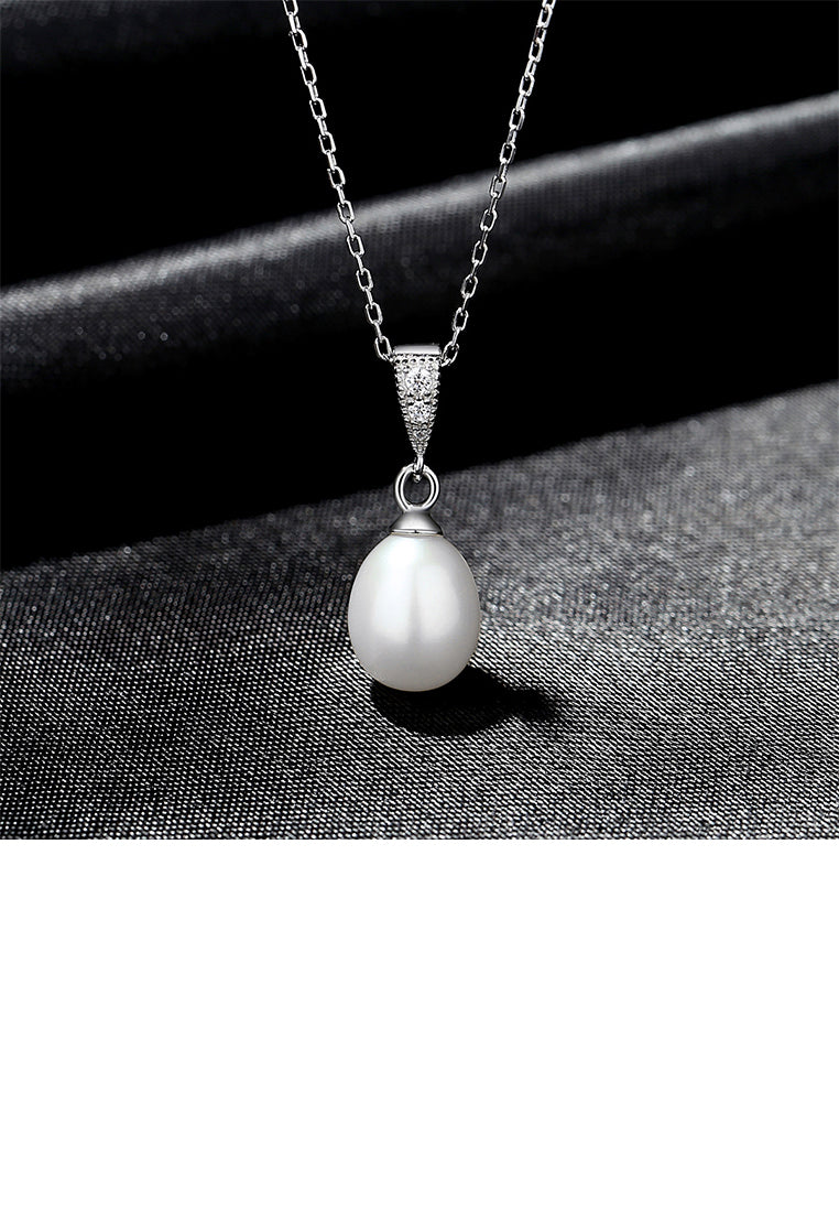 925 Sterling Silver Fashion and Simple Water Drop-shaped Freshwater Pearl Pendant with Cubic Zirconia and Necklace - Luxurious Look