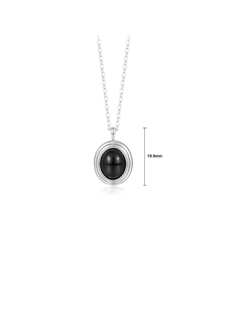 925 Sterling Silver Simple and Fashion Black Imitation Agate Geometric Oval Pendant with Necklace