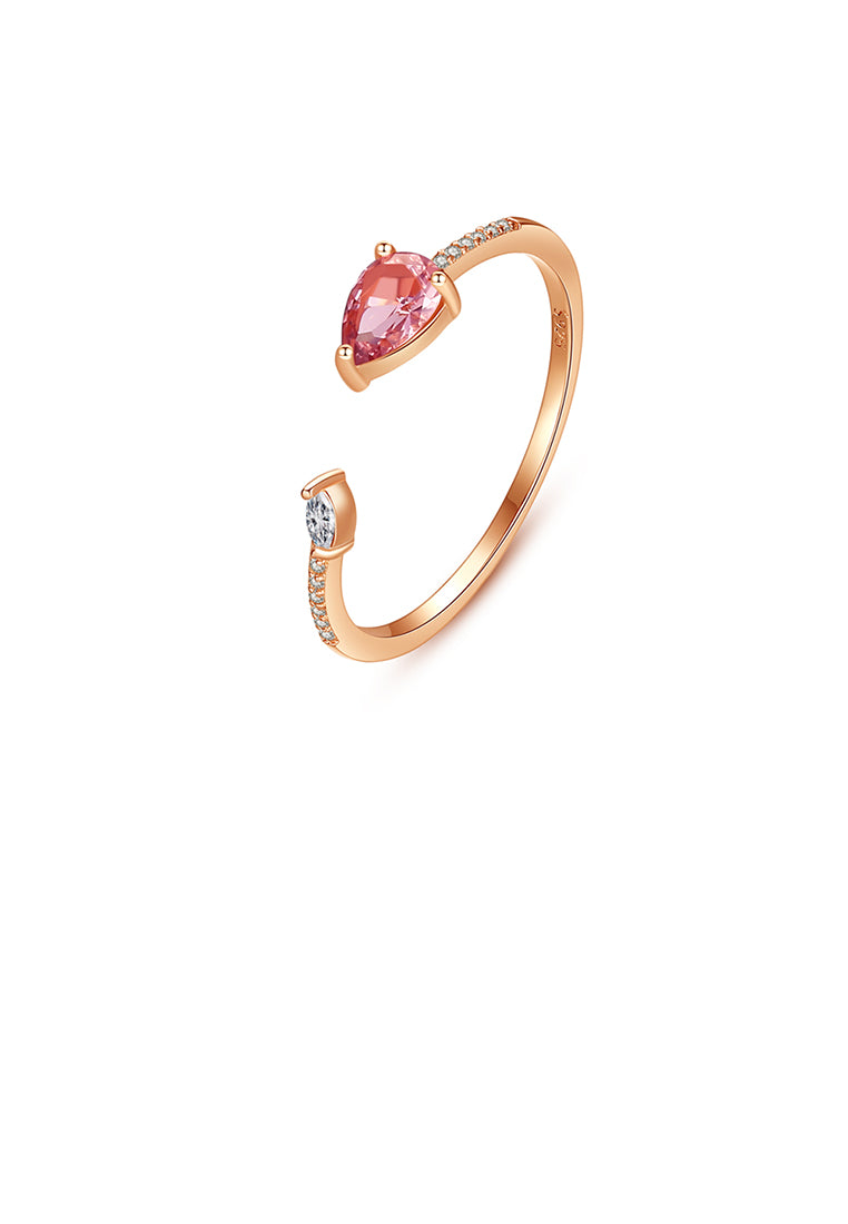 925 Sterling Silver Plated Rose Gold Simple and Fashion Geometric Adjustable Open Ring with Red Cubic Zirconia - Luxurious Look - Vibrant Color