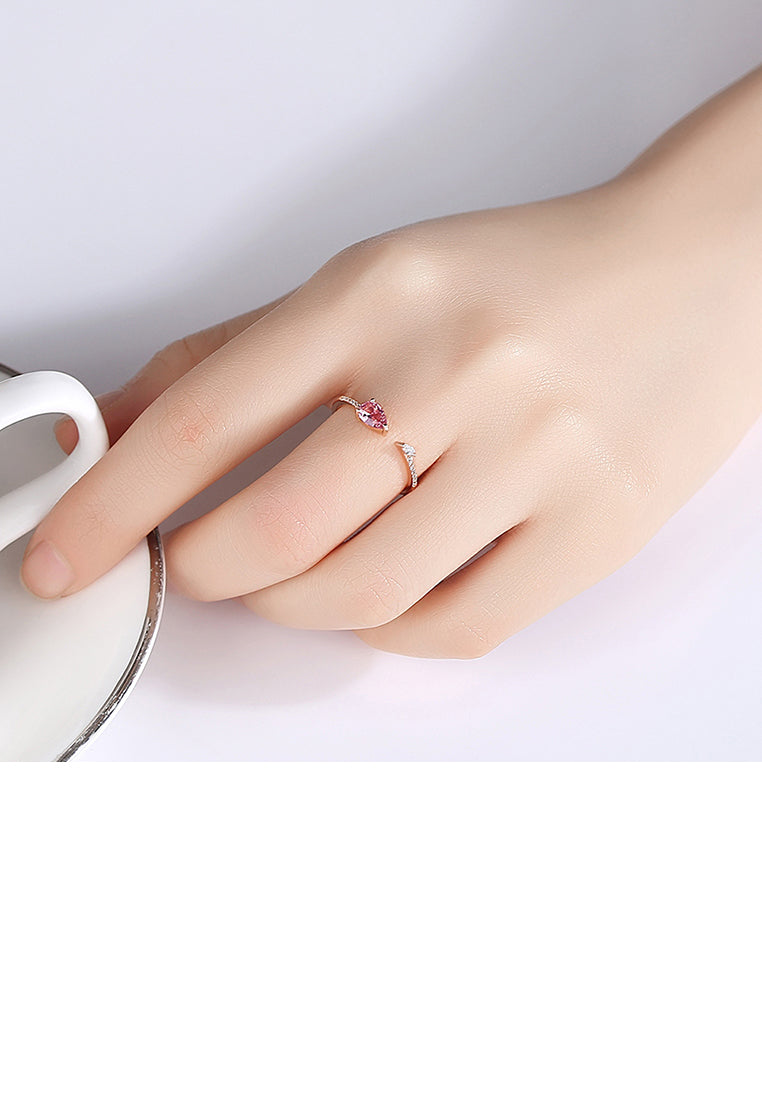 925 Sterling Silver Plated Rose Gold Simple and Fashion Geometric Adjustable Open Ring with Red Cubic Zirconia - Luxurious Look - Vibrant Color