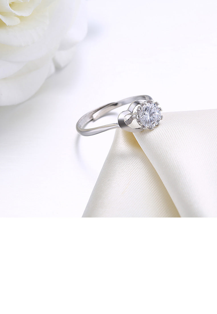 925 Sterling Silver Fashion Simple Heart Adjustable Ring with Cubic Zircon