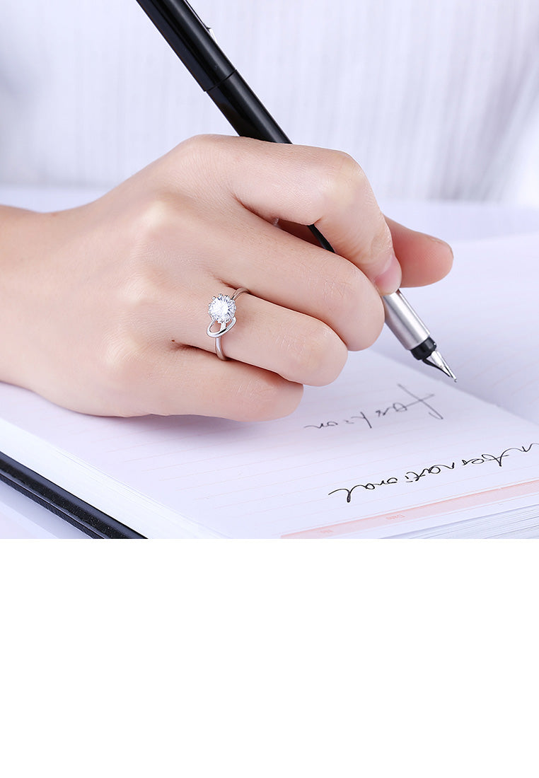 925 Sterling Silver Fashion Simple Heart Adjustable Ring with Cubic Zircon