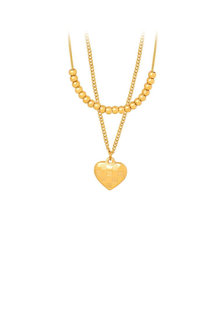 Fashion and Simple Plated Gold 316L Stainless Steel Heart-shaped Pendant with Beaded Double-layer Necklace