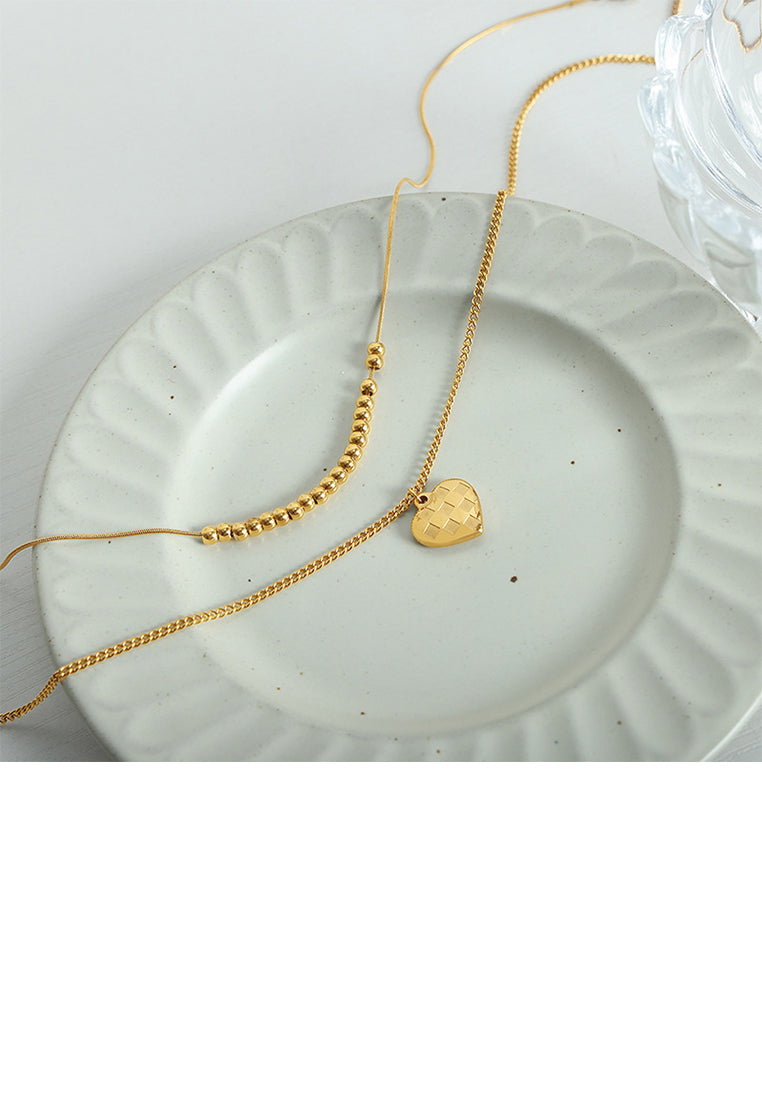 Fashion and Simple Plated Gold 316L Stainless Steel Heart-shaped Pendant with Beaded Double-layer Necklace
