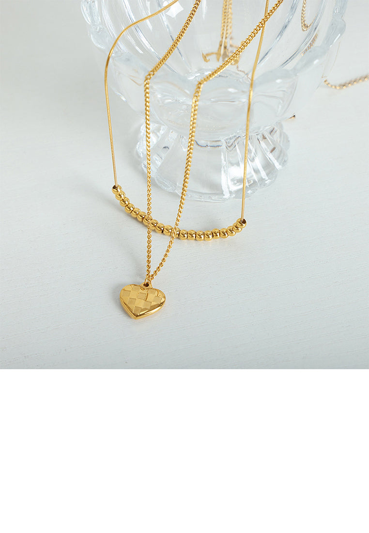 Fashion and Simple Plated Gold 316L Stainless Steel Heart-shaped Pendant with Beaded Double-layer Necklace