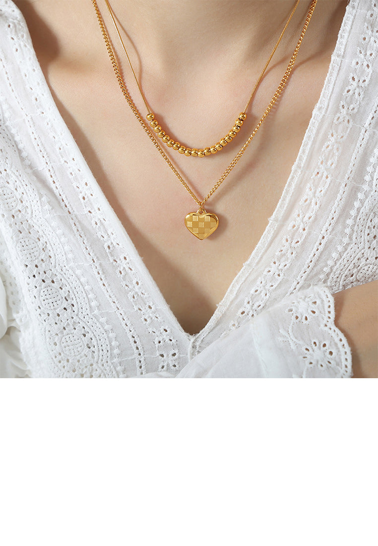Fashion and Simple Plated Gold 316L Stainless Steel Heart-shaped Pendant with Beaded Double-layer Necklace