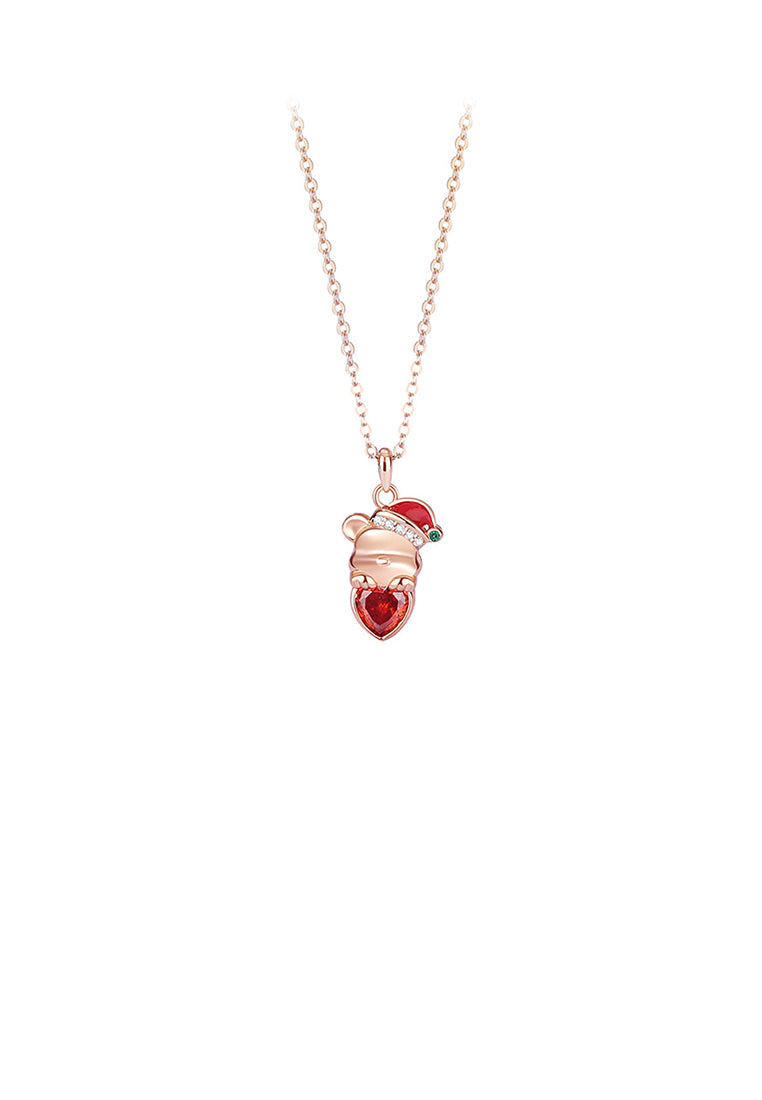 925 Sterling Silver Plated Rose Gold Simple and Cute Christmas Bear Pendant with Cubic Zirconia and Necklace - Luxurious Look