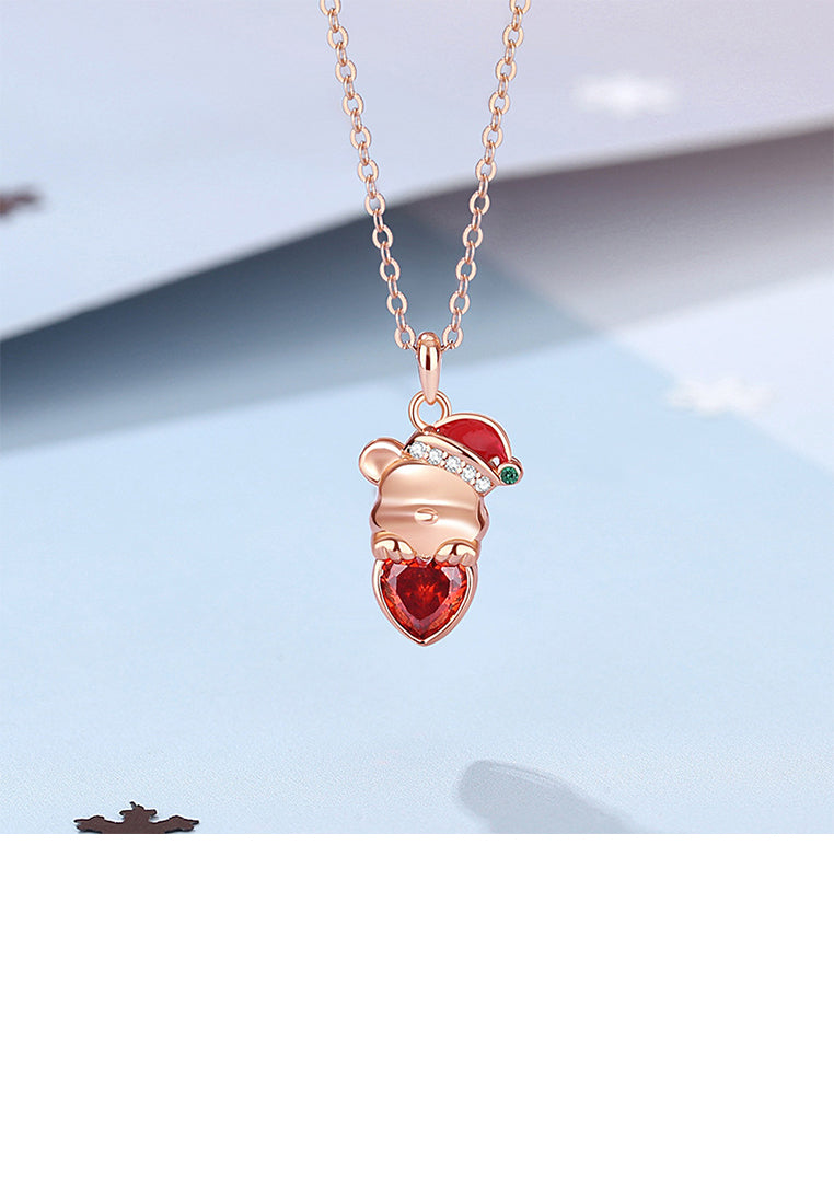 925 Sterling Silver Plated Rose Gold Simple and Cute Christmas Bear Pendant with Cubic Zirconia and Necklace - Luxurious Look