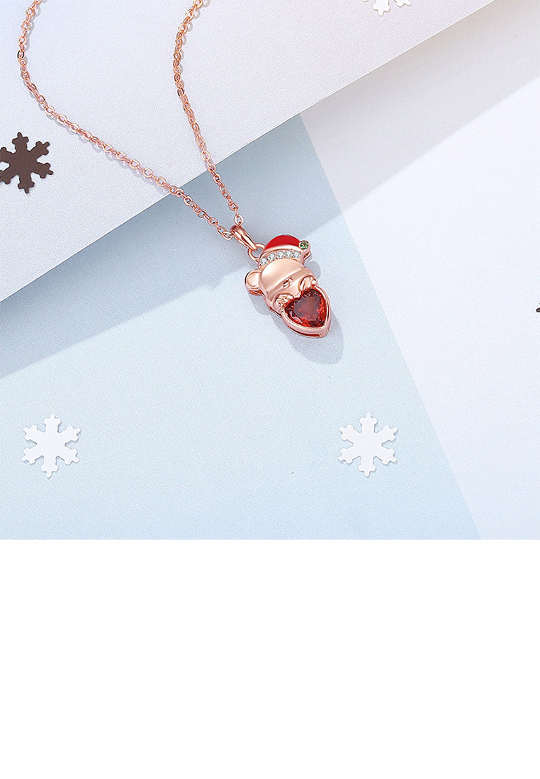 925 Sterling Silver Plated Rose Gold Simple and Cute Christmas Bear Pendant with Cubic Zirconia and Necklace - Luxurious Look