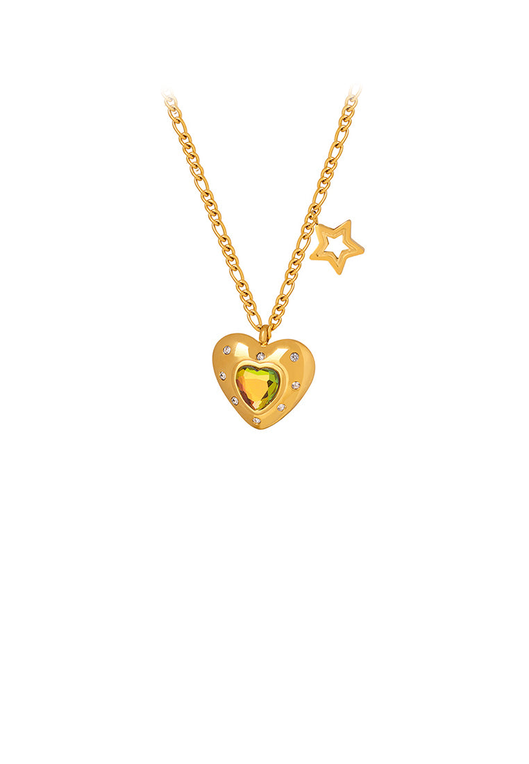 Fashion and Romantic Plated Gold 316L Stainless Steel Heart-shaped Star Pendant with Colored Cubic Zirconia and Necklace - Luxurious Look