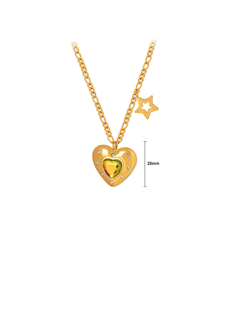 Fashion and Romantic Plated Gold 316L Stainless Steel Heart-shaped Star Pendant with Colored Cubic Zirconia and Necklace - Luxurious Look