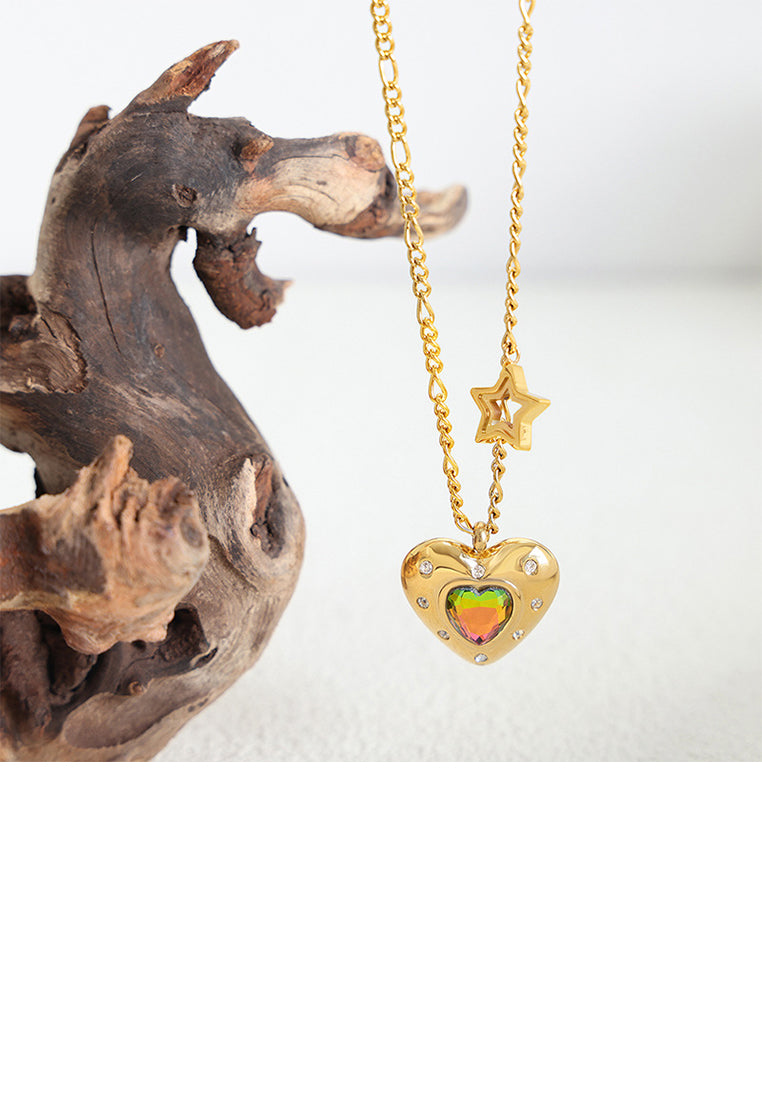 Fashion and Romantic Plated Gold 316L Stainless Steel Heart-shaped Star Pendant with Colored Cubic Zirconia and Necklace - Luxurious Look