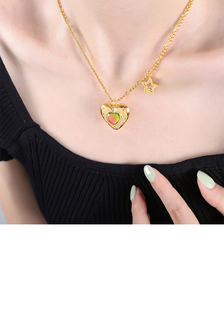 Fashion and Romantic Plated Gold 316L Stainless Steel Heart-shaped Star Pendant with Colored Cubic Zirconia and Necklace - Luxurious Look
